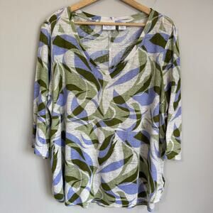 Nicole Miller 1X Linen Green V-Neck Casual Blouse Tee Shirt Coastal Tropical